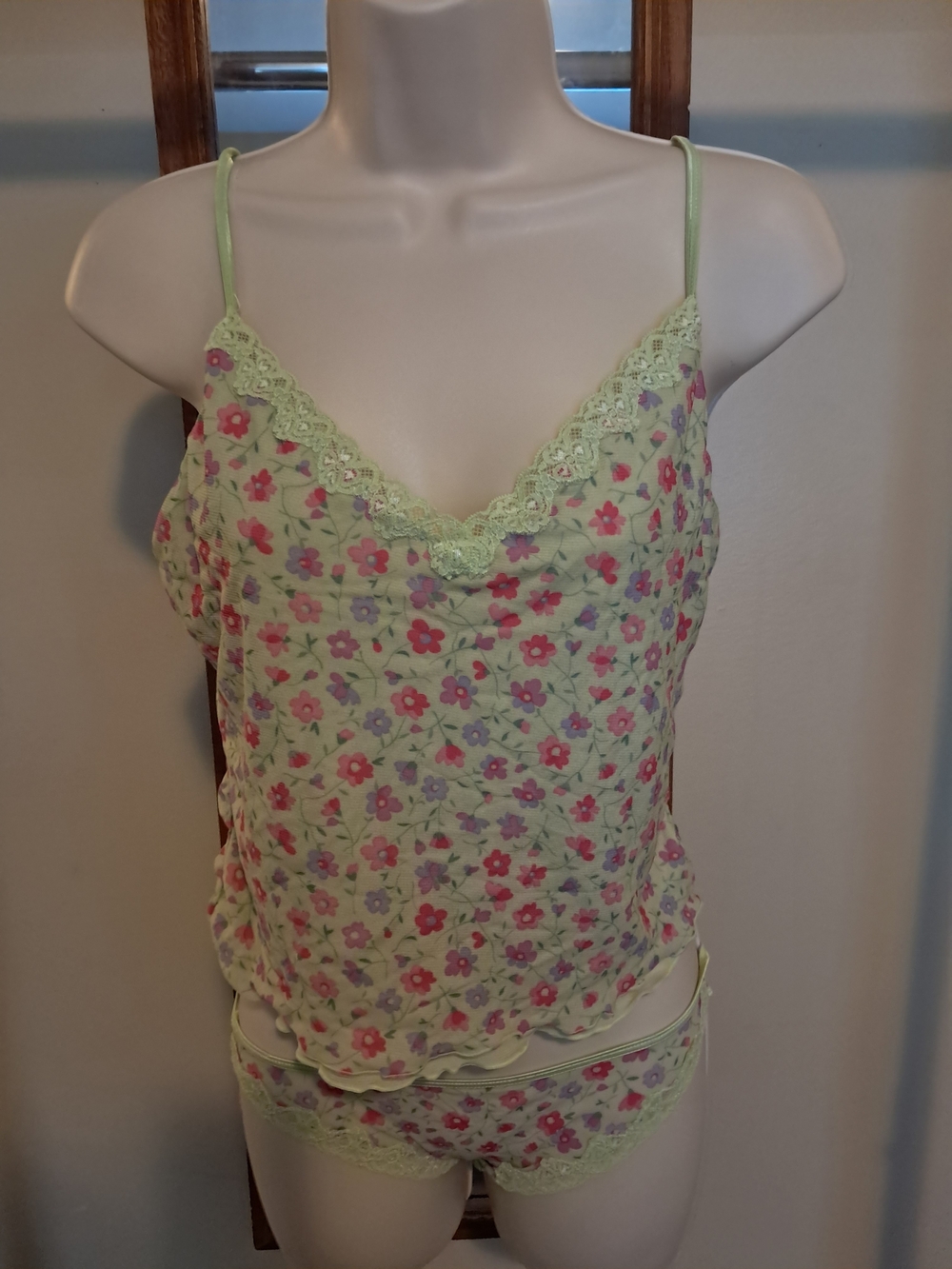 Floral Lace Trim Camisole & Panties- Light Green
